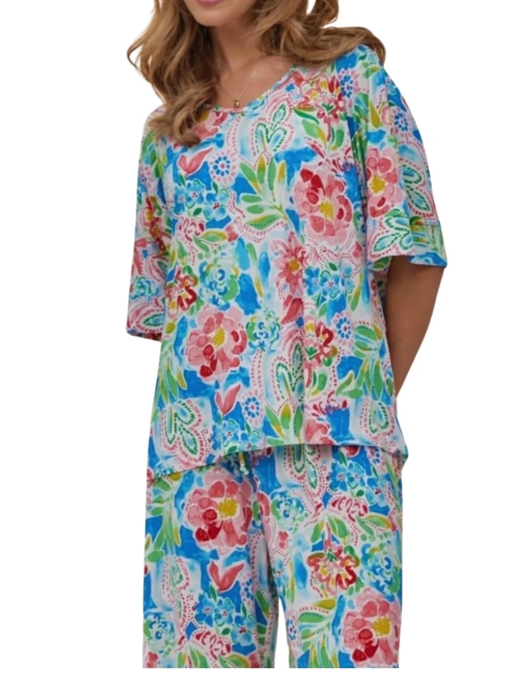 Floral V-Neck Two-Piece Set in Multi Pastels - Picture 2 of 4